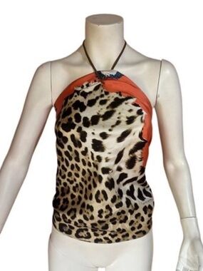 ROBERTO CAVALLI Vintage S/S 2003 Silk Red Leo Print Draped Scarf Halter Top S